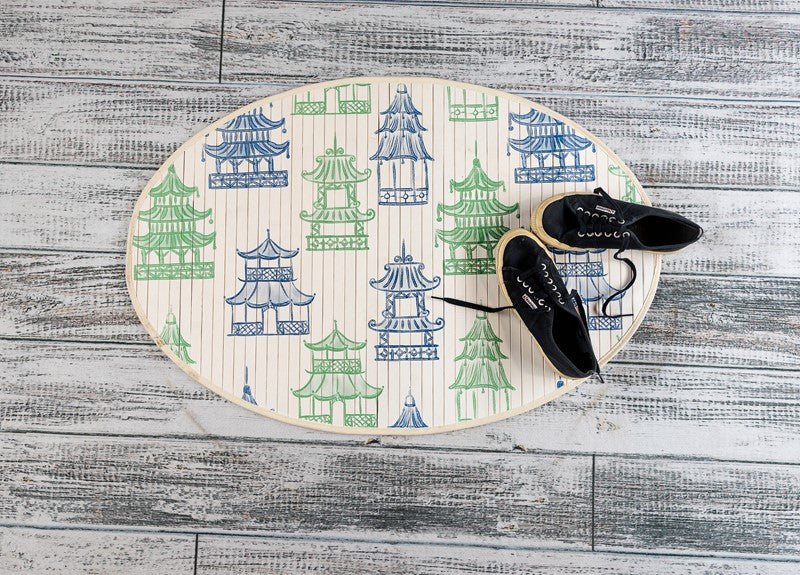 35 x 24 Oval Bamboo Mat Blue and Green Pagodas