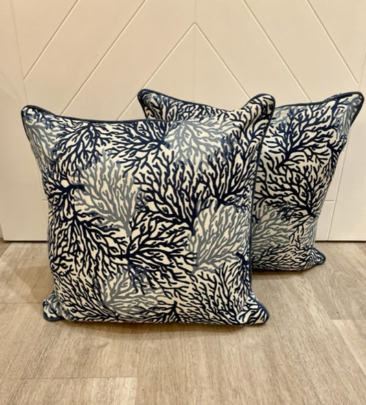 Set of Two Navy Coral Pillows 22x22