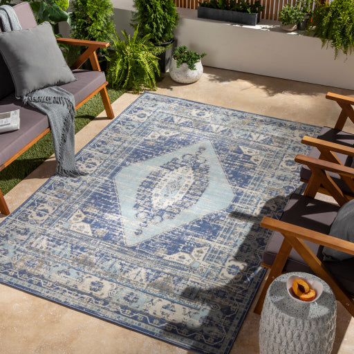 Blue and periwinkle Turkish indoor/outdoor rug 5x7