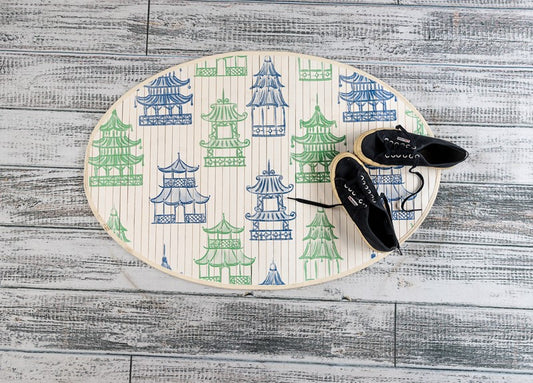 35 x 24 Oval Bamboo Mat Blue and Green Pagodas