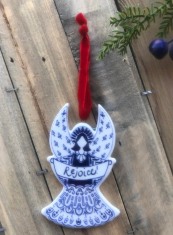 Rejoice Angel Blue and White Ceramic Ornament