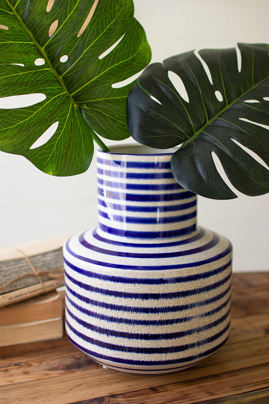 Blue and White Stripped Ceramic Vessel Large