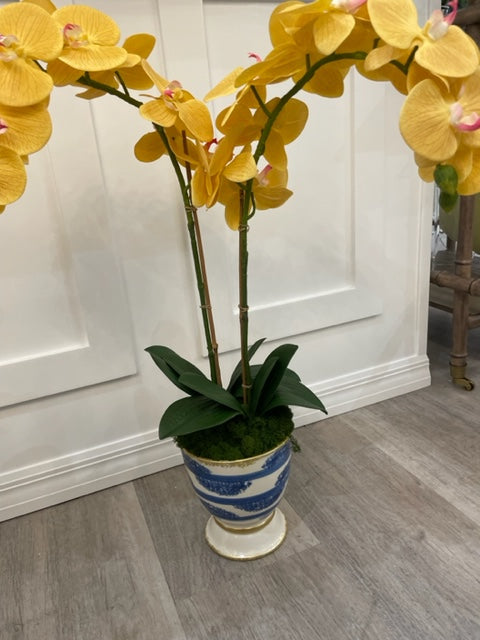 Large Blue Cachepot with yellow orchids