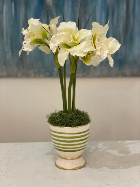Three Lilly's in Green and White Cachepot