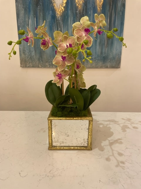 Mirrored Cachepot with Faux Orchids