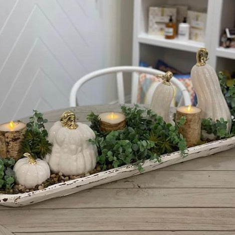 Wood terrarium Greenery with Ceramic Pumpkins