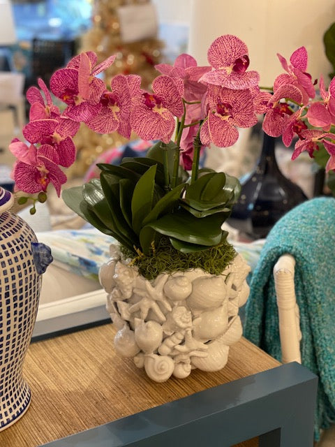 Leopard Faux Orchid with Shell Cachepot