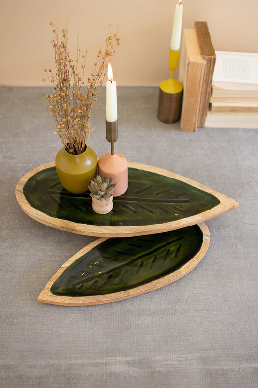 Carved green enamel leaf platters Set of Two