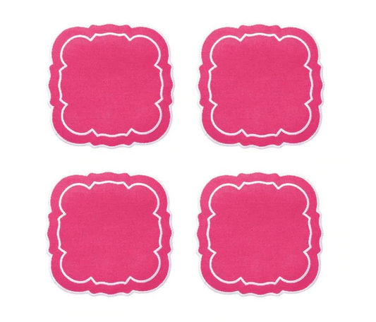Scalloped Linen Coasters Fushia White