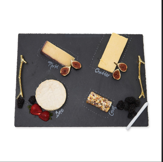 NATURAL SLATE TRAY WITH GOLD TWIG HANDLES AND 2 CHALK PENS