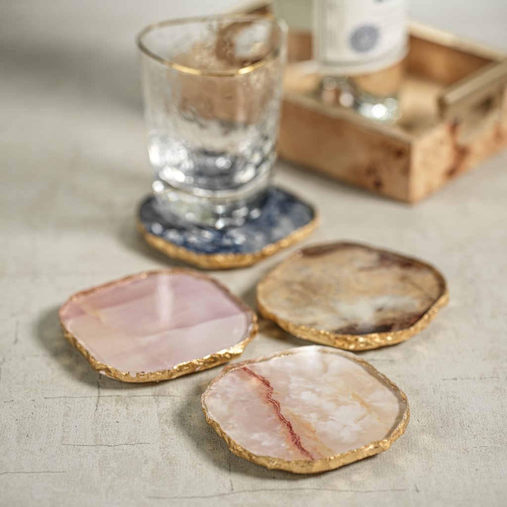 Agate Gold Rim pink tone coaster Set/4