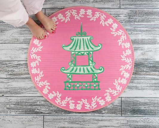 35" Round Bamboo Mat, Pink & Green Pagoda,
