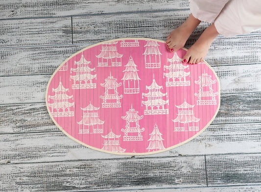 35x24" Oval Bamboo Mat, Pink & White Pagoda