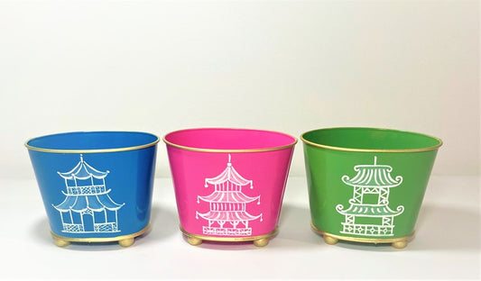 6.5" Metal Cachepot with Pagoda Assorted Colors